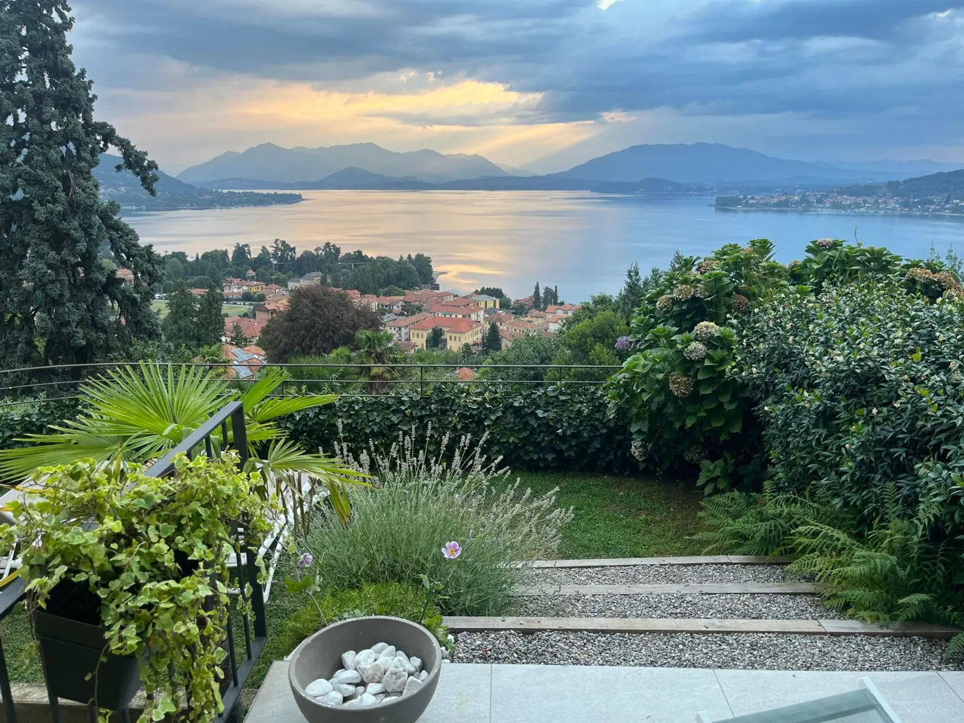 Garden path leading to the lawn, with Meina and Lago Maggiore below